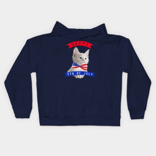 Happy 4th Of July Cute Cat Independece Day Cat With A Bow Tie Kids Hoodie